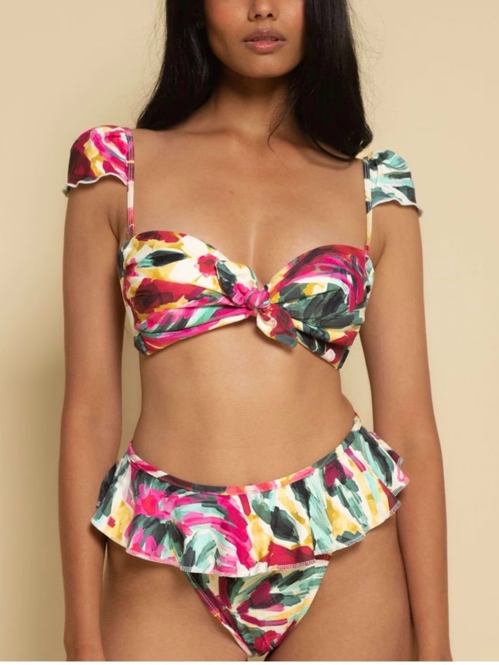 Montce Floral Twist Bikini Top in Pink, Yellow, Green